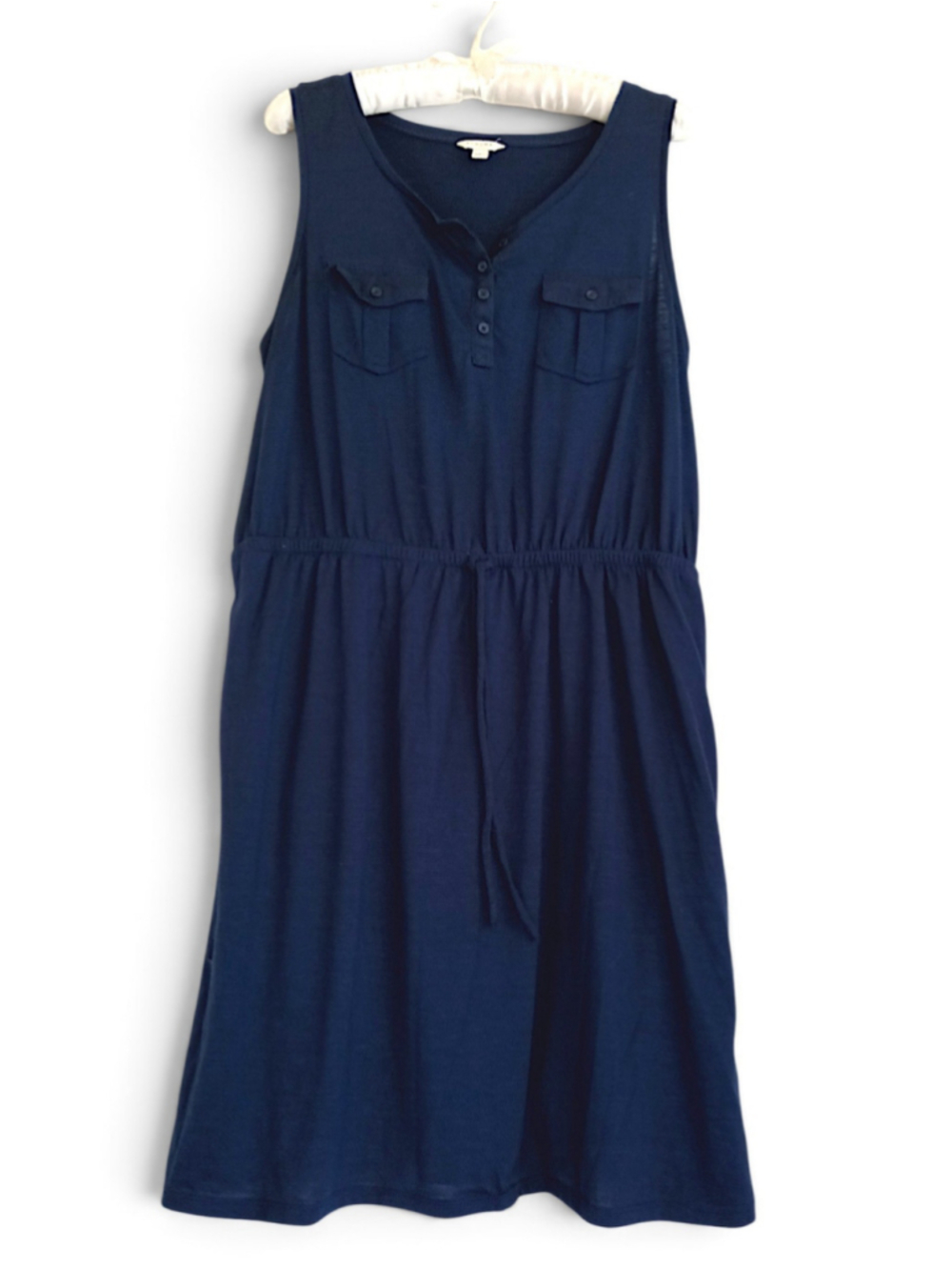 Sonoma Navy Blue Casual Button Down Dress Comfy Drawstring Waist Soft Day Dress